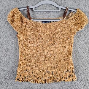 L.K. Collection Smocked Off Shoulder Top‎ Orange Spotted Rayon Size S VTG